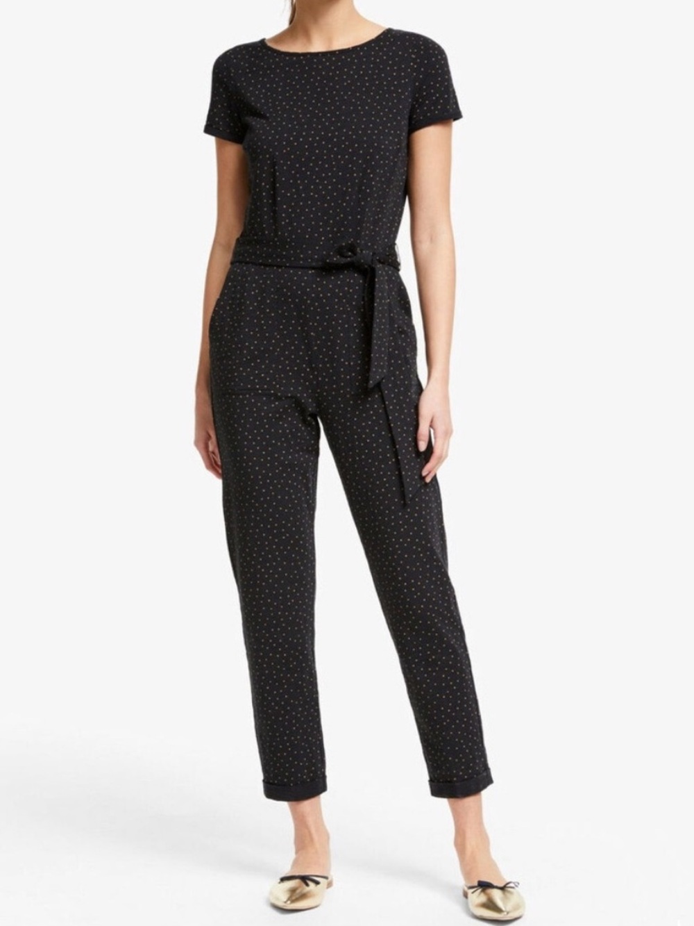 Women’s Black Polka-Dot Tie-Waist Jumpsuit 10T